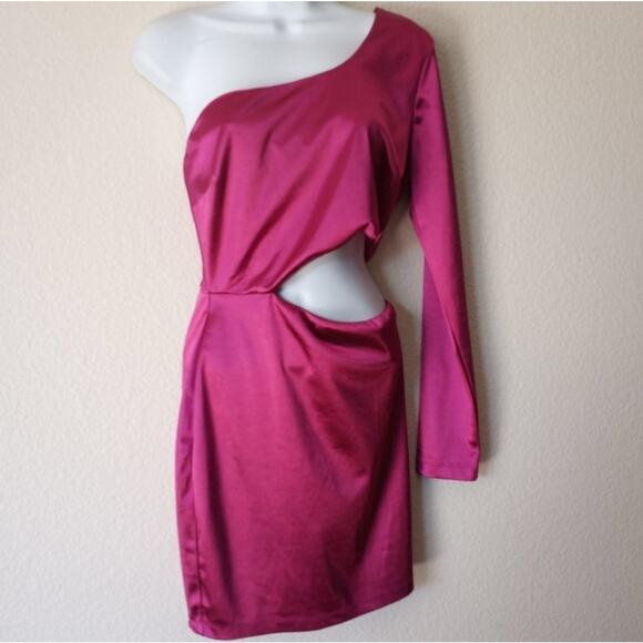 Lulus Shot Caller Satin One-Shoulder Barbie Pink  Long Sleeve Cutout Dress - Picture 2 of 11
